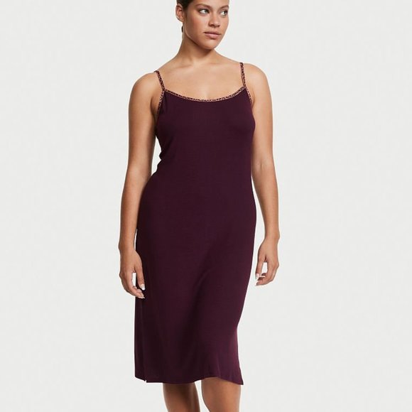 VS Modal Rib Nightgown Purple w/ Leopard Print Trim So Comfy and Cute - Picture 2 of 15